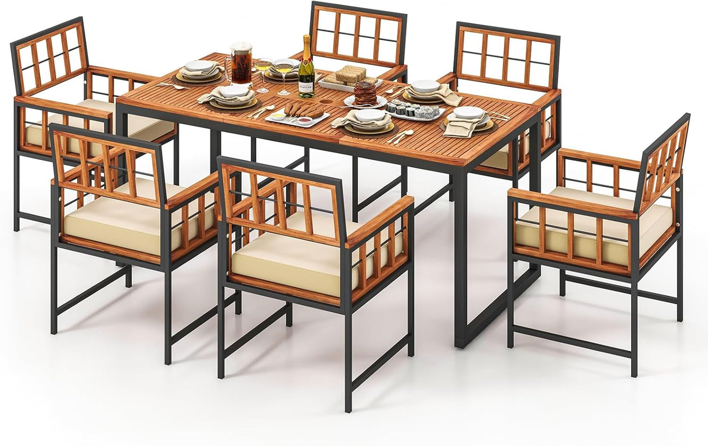 7-Piece Outdoor Patio Dining Set with Cushioned Chairs & Umbrella Hole Table