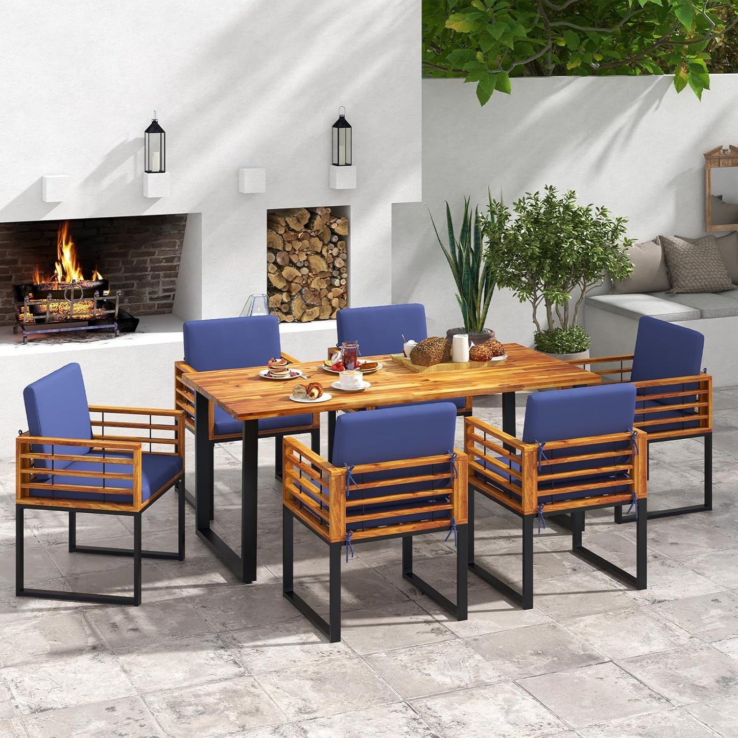 7-Piece Outdoor Patio Dining Set with Cushioned Chairs & Umbrella Hole Table