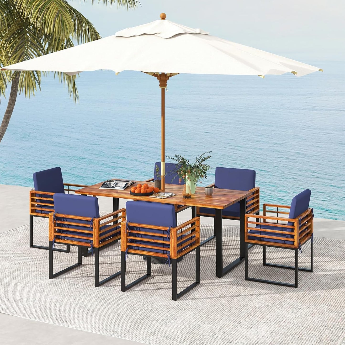 7-Piece Outdoor Patio Dining Set with Cushioned Chairs & Umbrella Hole Table